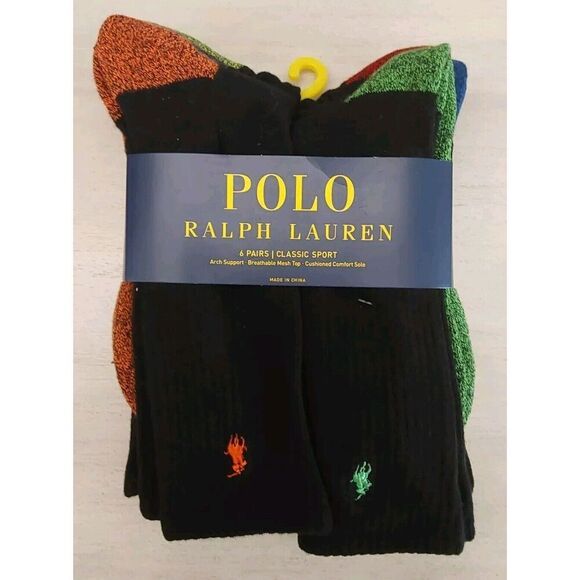 Ralph Lauren Mens Classic Sport Cushioned Crew Socks Black Multicolored Sz 10-13 - Picture 1 of 5